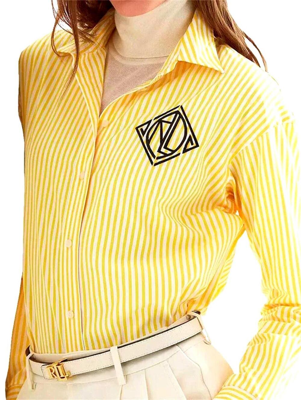 LAUREN Ralph Lauren Womens (M) Yellow/White Striped Logo Cotton Broadcloth Shirt